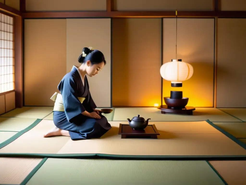 Una emotiva ceremonia del té japonés en una sala minimalista de tatamis, con samuráis y diplomáticos observando con reverencia