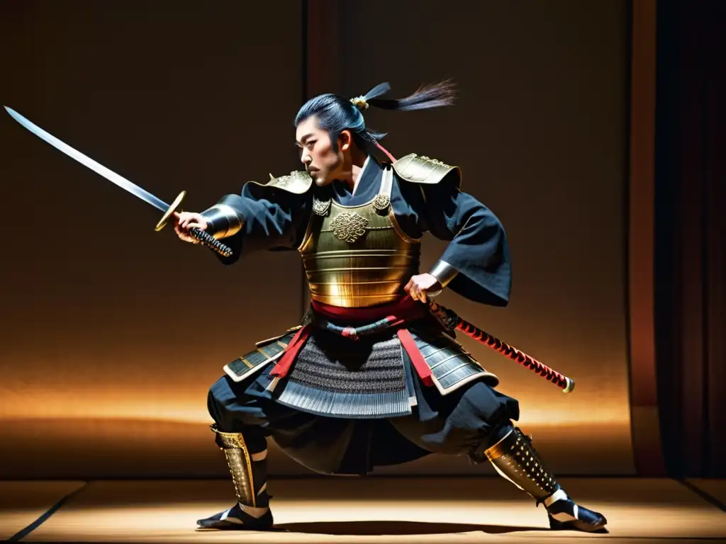 Emotiva representación teatral de Noh con influencia de las batallas samurai en escenario iluminado