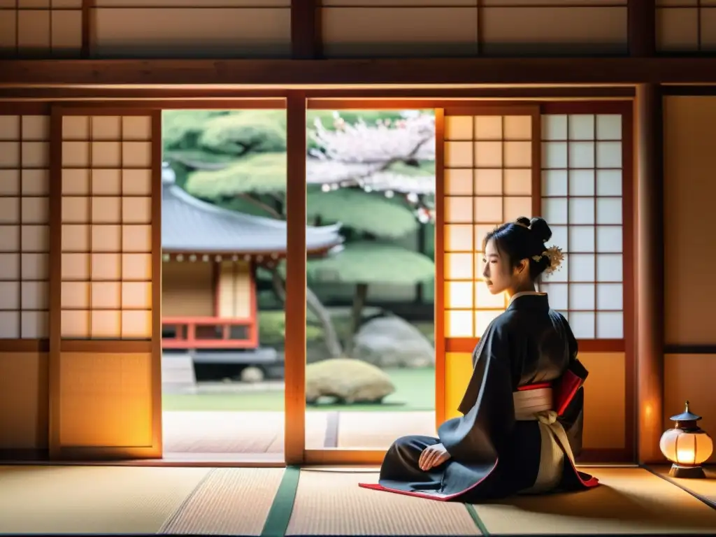 Un emotivo encuentro entre un joven samurái y una geisha en un tradicional teahouse japonés, iluminado por suaves linternas