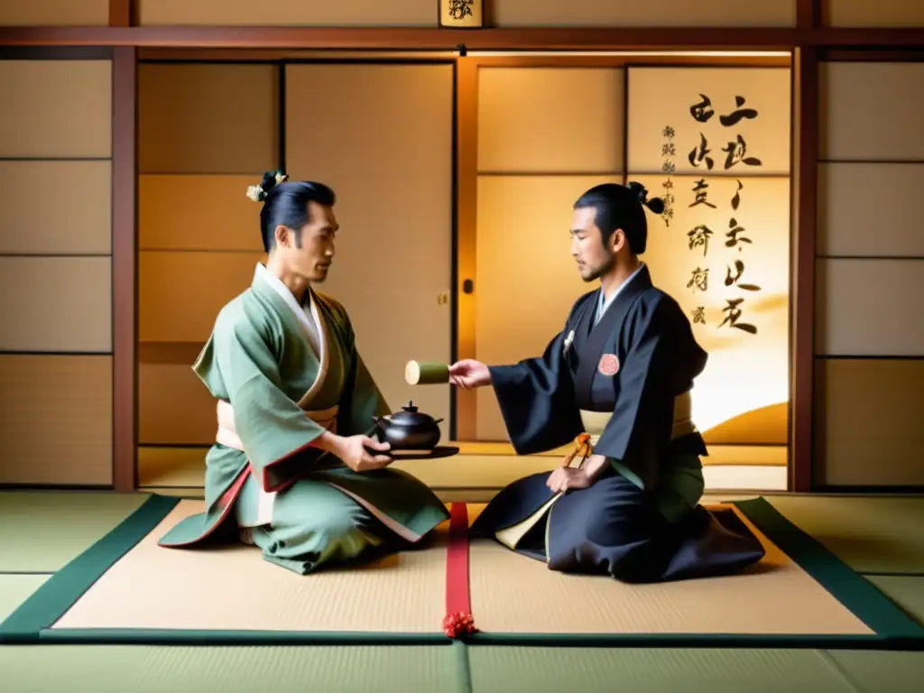 Emotivo intercambio de presentes en una serena ceremonia de té japonesa, con una atmósfera de diplomacia samurái