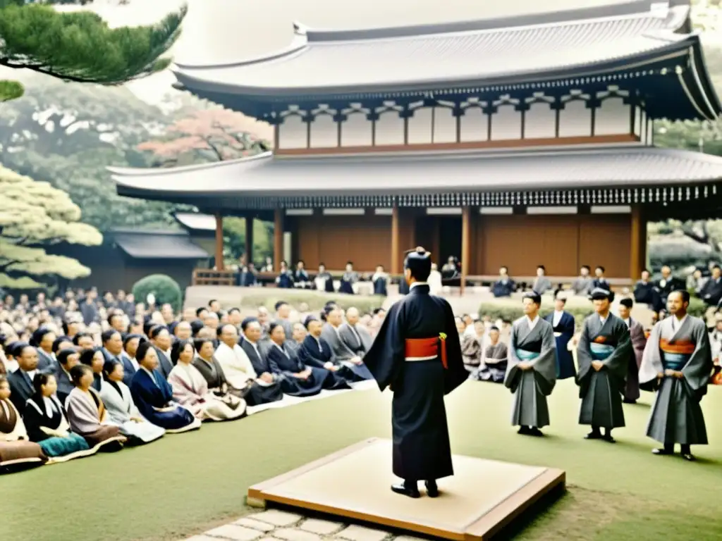 El emperador Meiji habla ante una multitud en un jardín japonés, destacando su figura regia