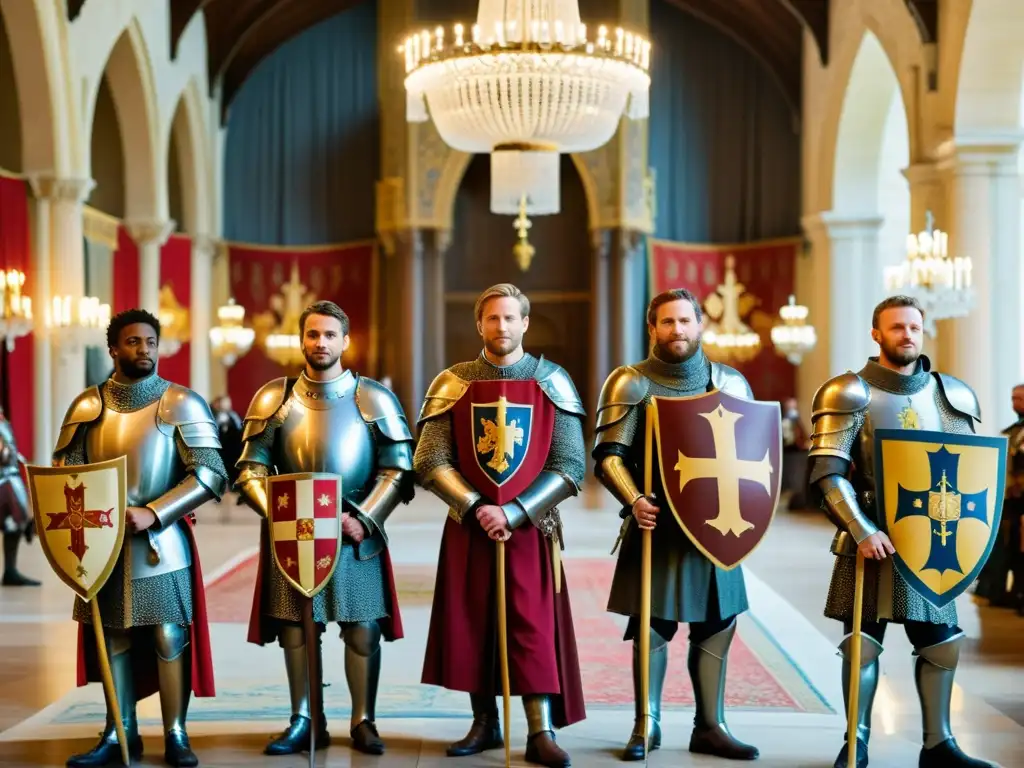 Un encuentro formal entre caballeros medievales y figuras políticas europeas en un majestuoso salón