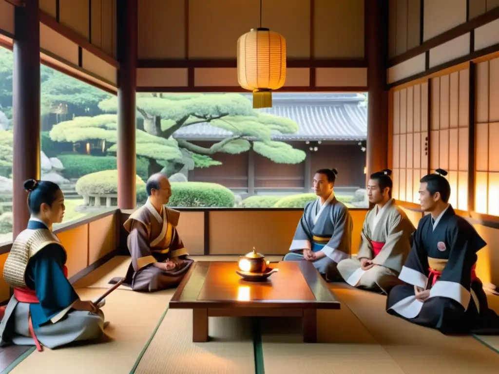 Encuentro entre samuráis y jesuitas en una casa de té japonesa al atardecer, con tensión y respeto mutuo