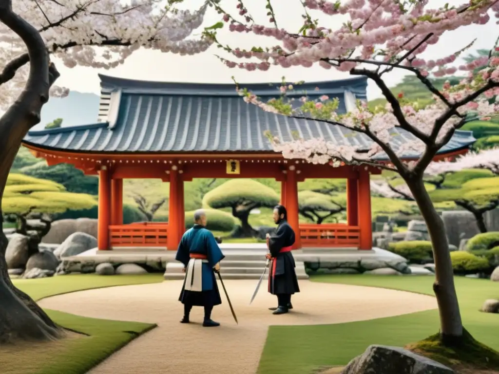 Encuentro entre samuráis y jesuitas en jardín japonés con cerezos en flor