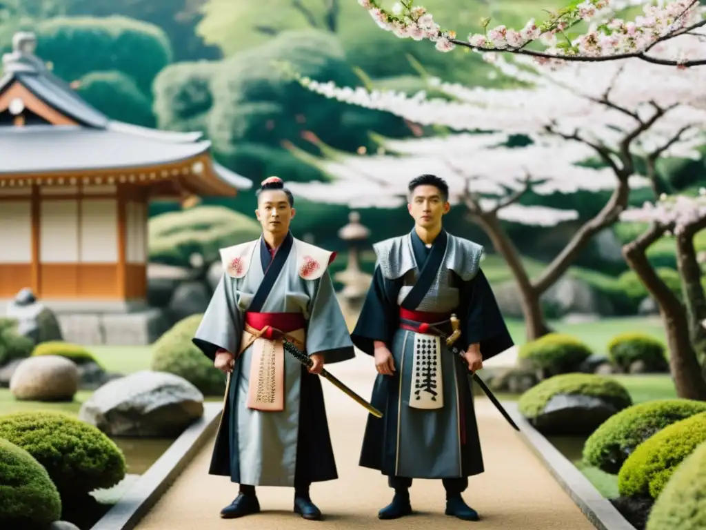 Encuentro entre samuráis y jesuitas en un jardín japonés con sakuras en flor en 8k