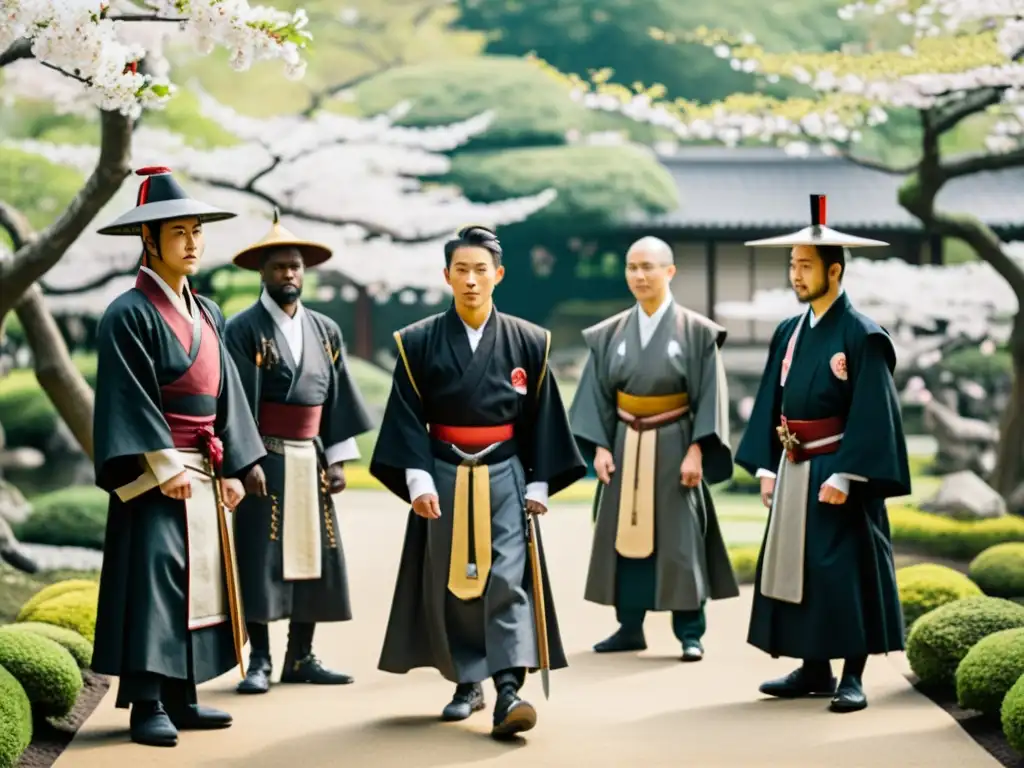 Encuentro entre samuráis y jesuitas en un sereno jardín japonés con expresiones de respeto y tensión, entre las flores de cerezo en plena floración