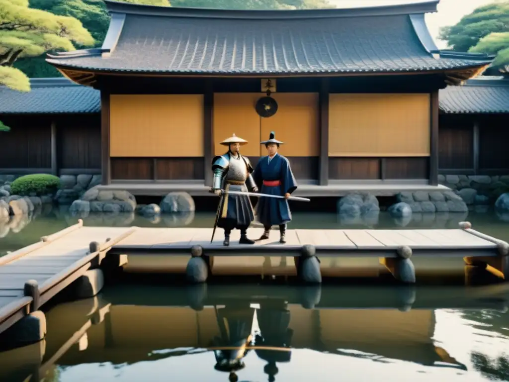 Encuentro entre samuráis y jesuitas en 16th siglo Japón: samuráis y jesuitas se reúnen en un patio japonés con un puente de madera sobre un estanque