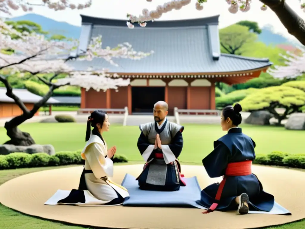 Un encuentro sereno entre samuráis y un sacerdote jesuita en un jardín japonés, fusionando ética y moral en una atmósfera de respeto