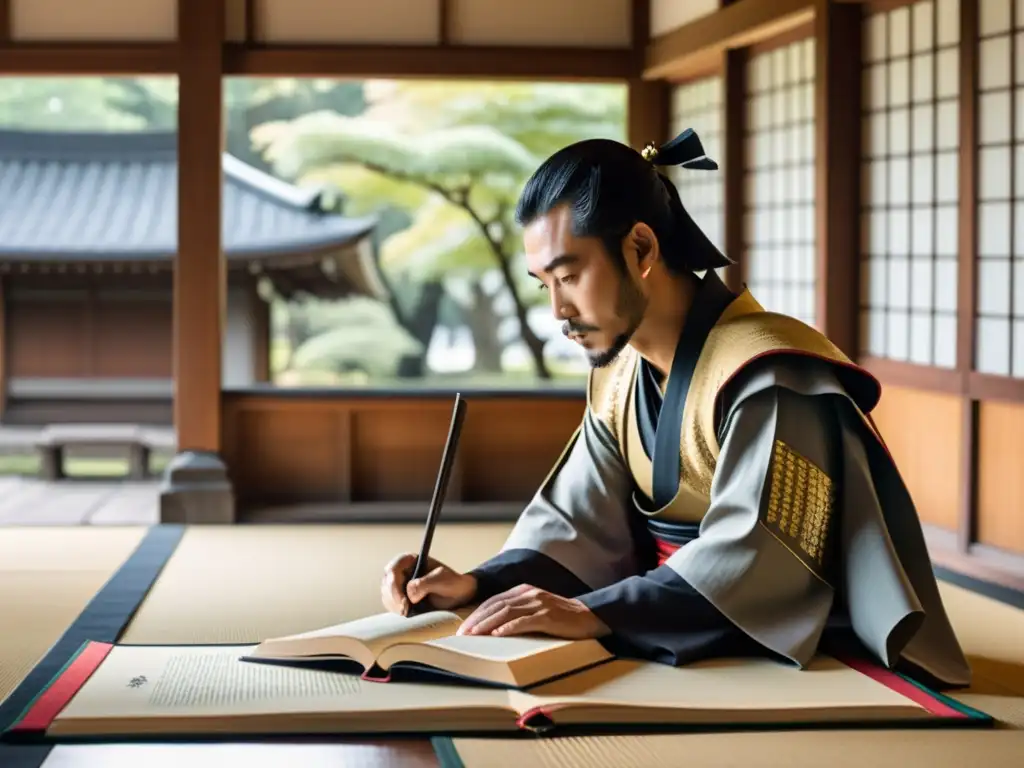 Encuentro solemne entre samurái y jesuita en un templo japonés, fusión del Bushido Samurai y Jesuita