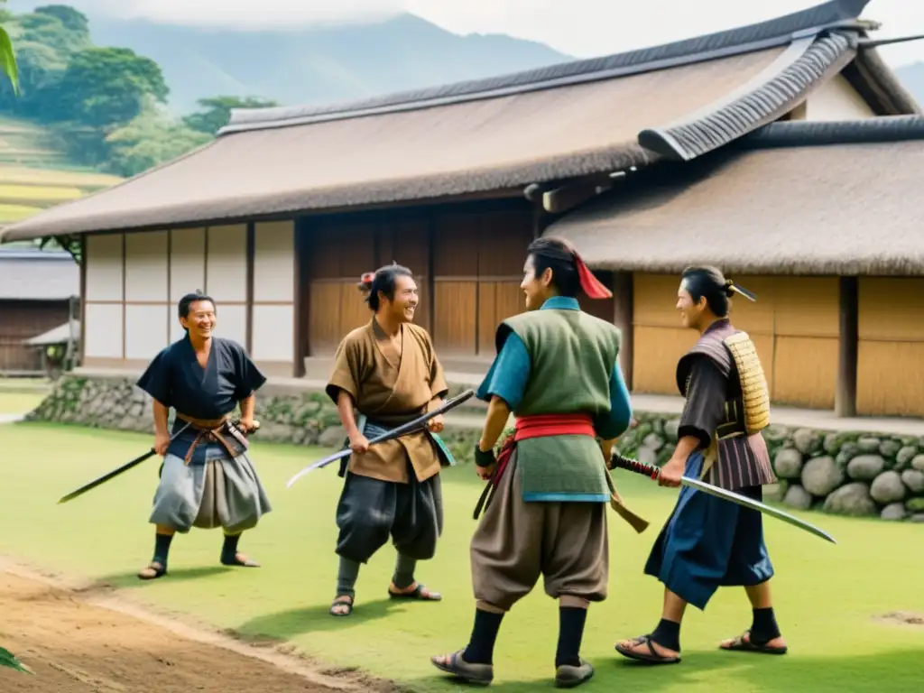 Un encuentro vivo y respetuoso entre samuráis y campesinos en un paisaje rural japonés, capturando las dinámicas sociales del Japón feudal