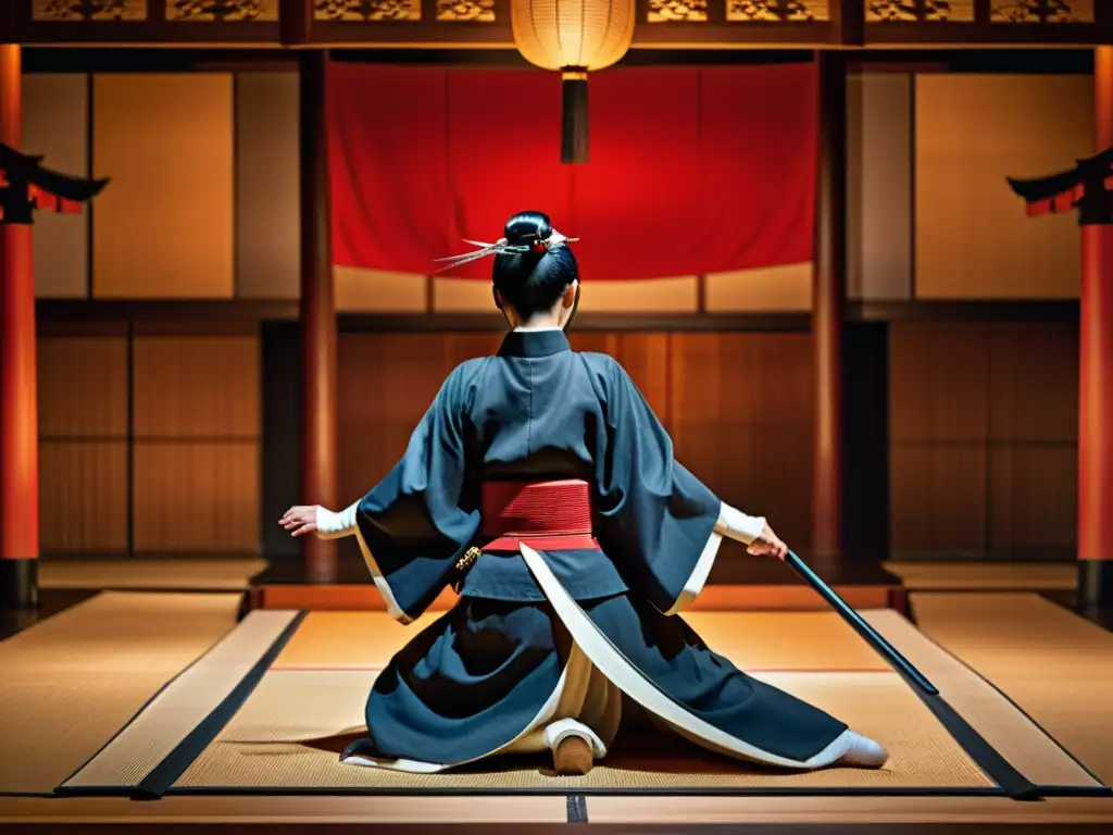 Una representación enigmática de una mujer samurai en el teatro Noh, con iluminación tenue y escenario tradicional japonés