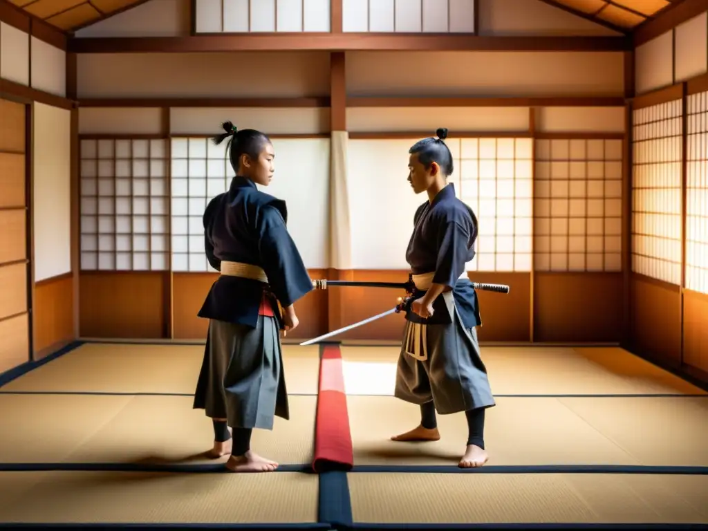 Entrenamiento niños samurái en antiguo dojo japonés con sensei sabio y armas tradicionales, ambiente de disciplina y respeto