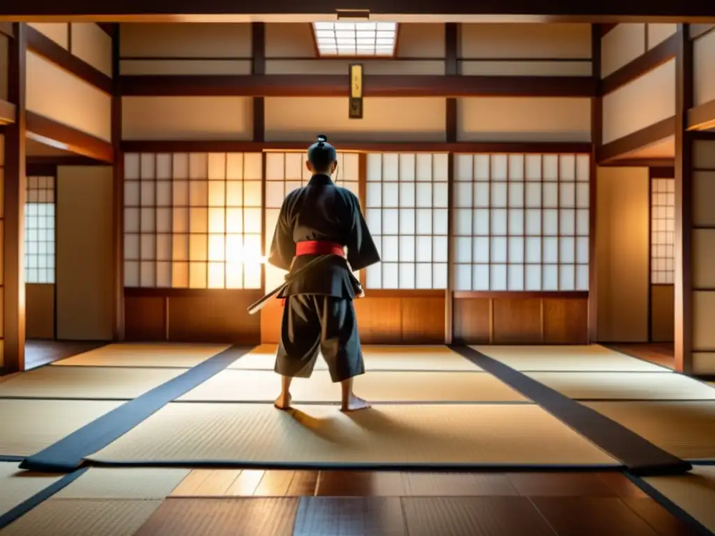 Entrenamiento de artes marciales en un dojo japonés con principios samurai en defensa personal