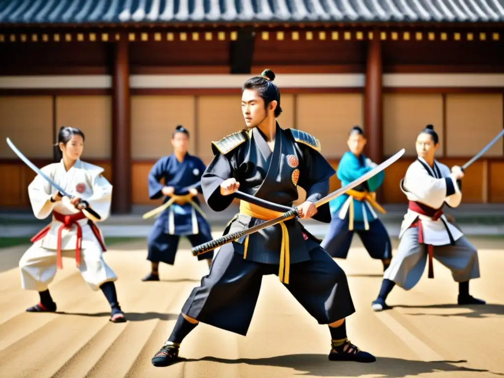 Entrenamiento de artes marciales japonesas en un templo soleado, fusionando tradición y práctica moderna, influencia samurái en Japón