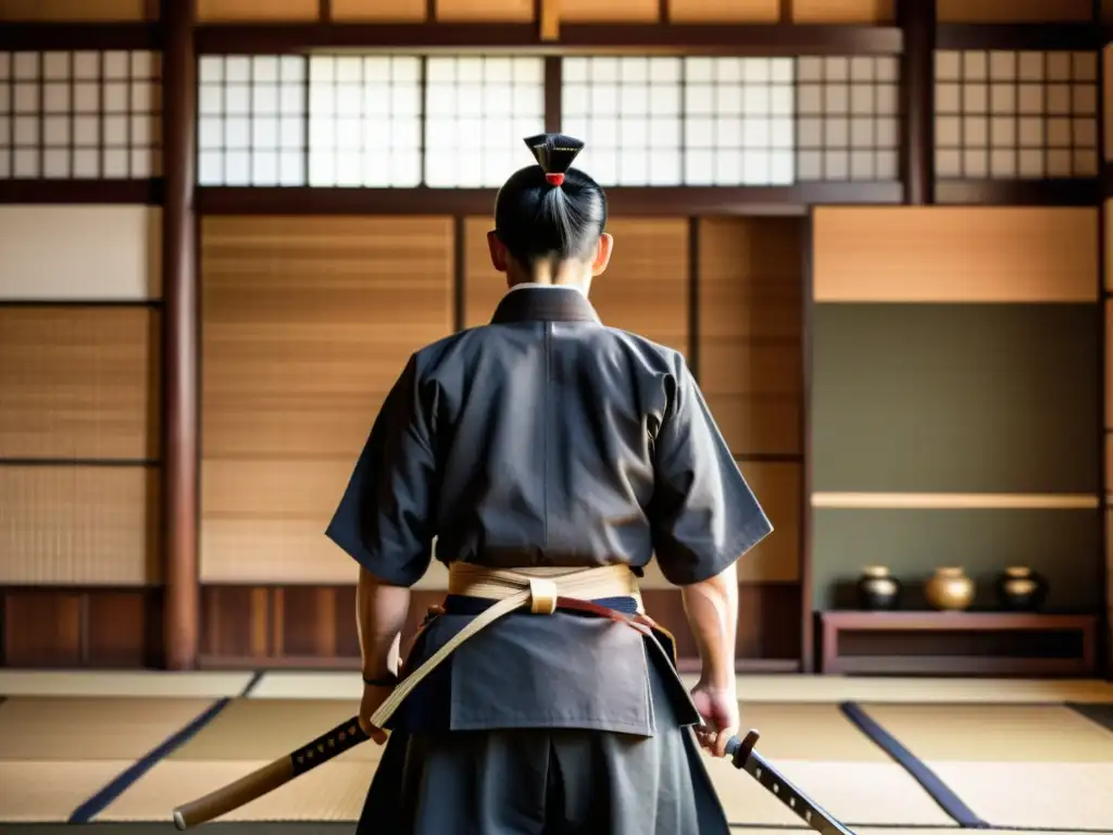 Entrenamiento de combate samurái táctico en un dojo tradicional, con armas de madera ordenadas y el sensei demostrando técnicas