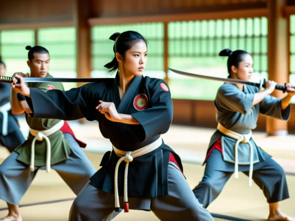 Entrenamiento dinámico de mujeres samurái en un dojo tradicional, mostrando su destreza y disciplina en roles de la mujer samurái