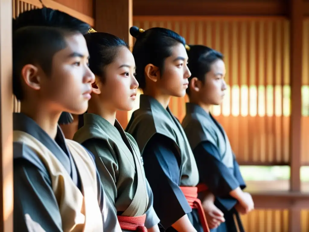 Entrenamiento niños samurái en un dojo con disciplina y determinación bajo la atenta mirada del sensei, iluminados por la luz del sol