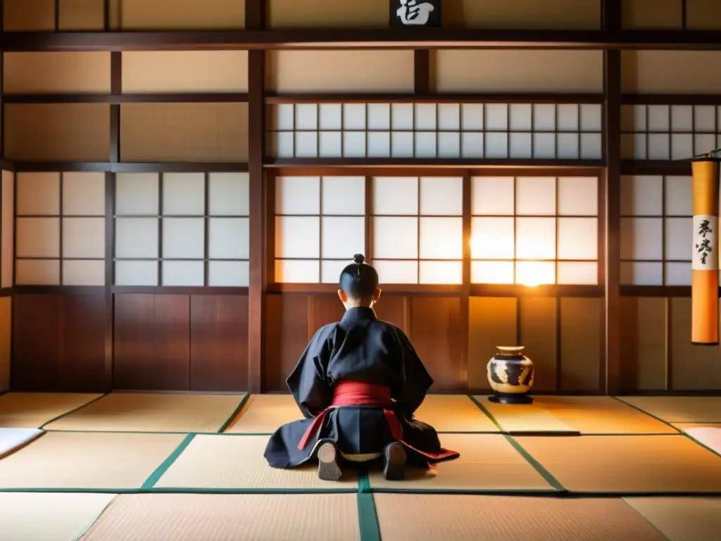 Entrenamiento en un dojo japonés con estudiantes samurái en formación y un sensei impartiendo sabiduría en una atmósfera disciplinada