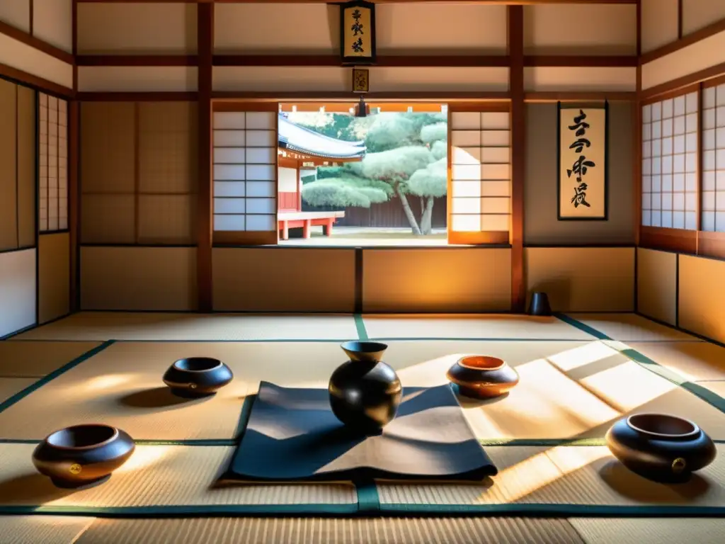 Entrenamiento en un dojo japonés con samuráis practicando la filosofía de las artes marciales samurái