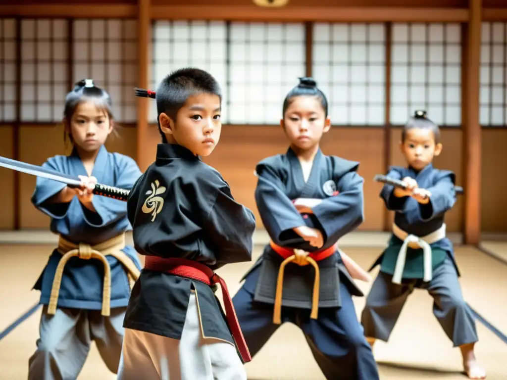 Entrenamiento de niños samurái en un dojo tradicional japonés con armaduras y espadas de práctica, supervisados por su sensei