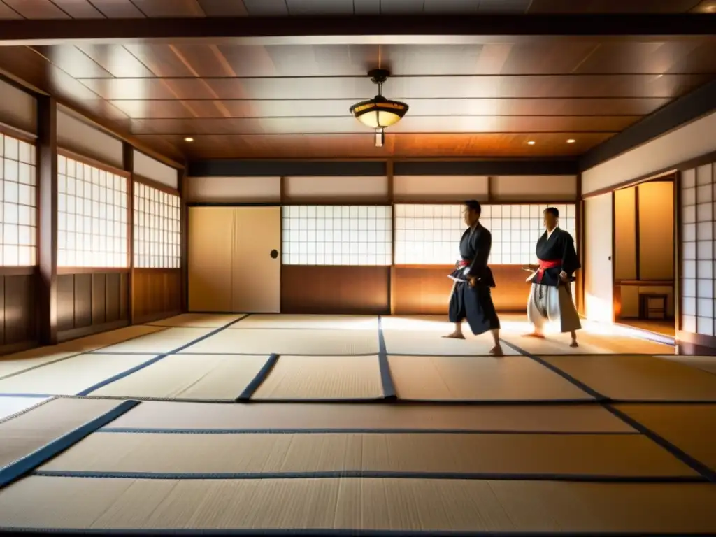 Entrenamiento samurái vida familiar: Dojo japonés tradicional con samuráis practicando espada bajo la guía de un sensei, envuelto en tradición y honor