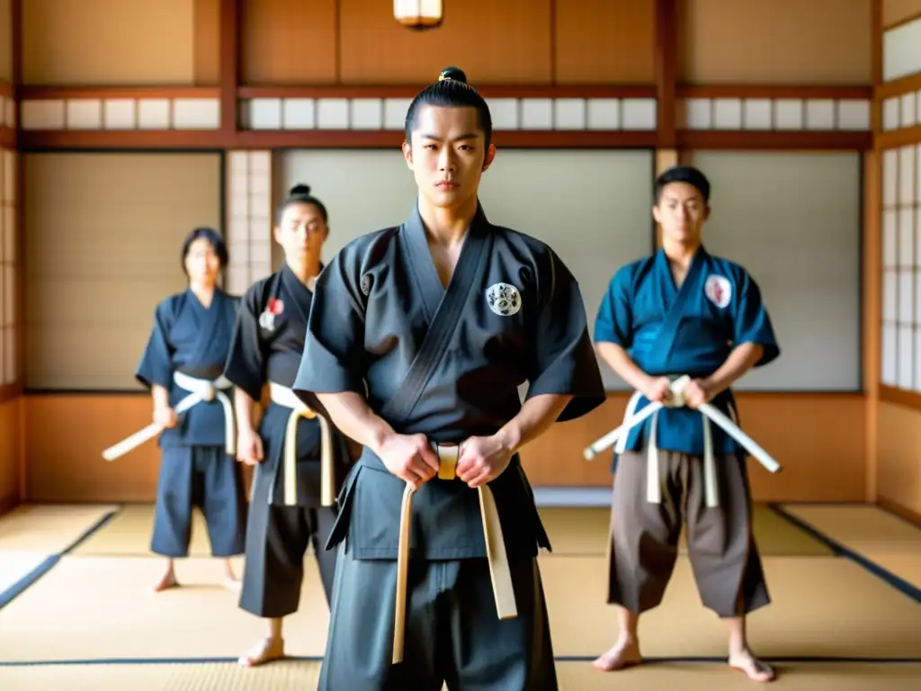 Entrenamiento físico y mental samurái en tradicional dojo japonés con estudiantes y sensei