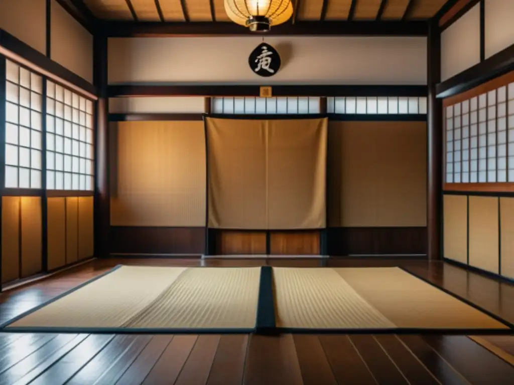 Entrenamiento físico y mental samurái en un dojo japonés tradicional con practicantes de artes marciales, armadura samurái y armas tradicionales