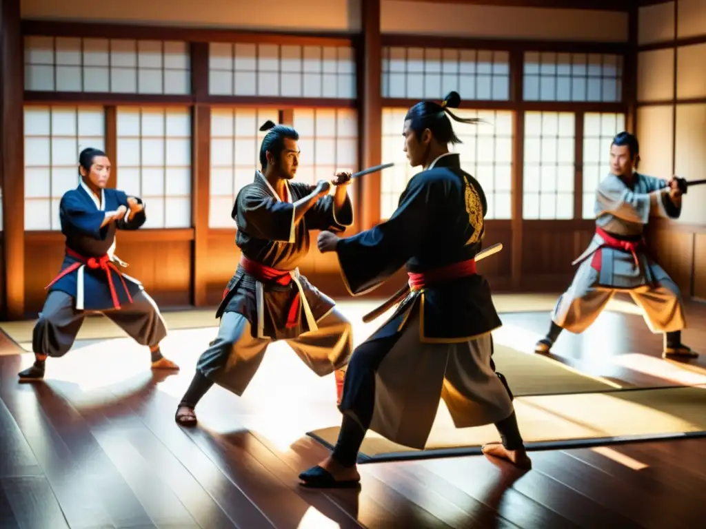 Entrenamiento físico para samuráis modernos en tradicional dojo japonés, con intensidad y disciplina samurái