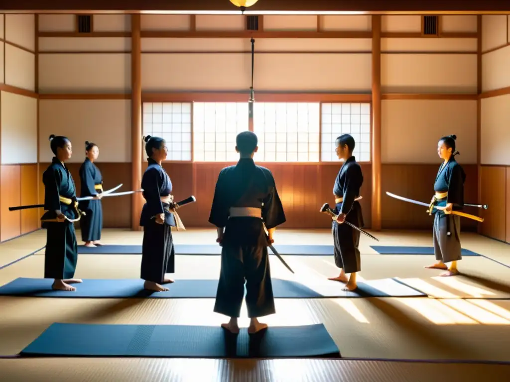 Entrenamiento físico para samuráis modernos en un dojo japonés tradicional, con sensei y estudiantes concentrados en práctica intensa