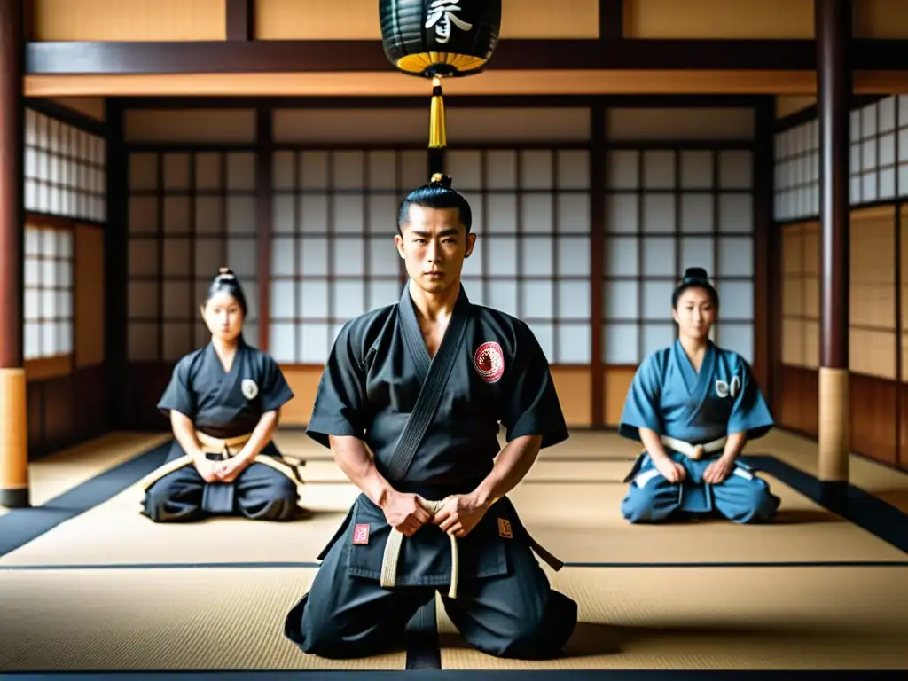 Entrenamiento físico para samuráis modernos en un dojo japonés con ambiente tradicional y alumnos dedicados practicando artes marciales y ejercicios físicos bajo la guía de un experimentado sensei