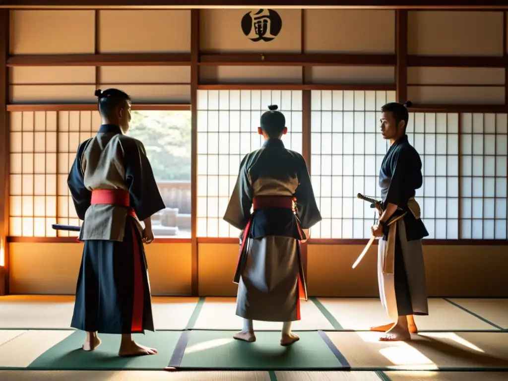 Entrenamiento de futuros guerreros samurái en un dojo tradicional, con intensidad y disciplina