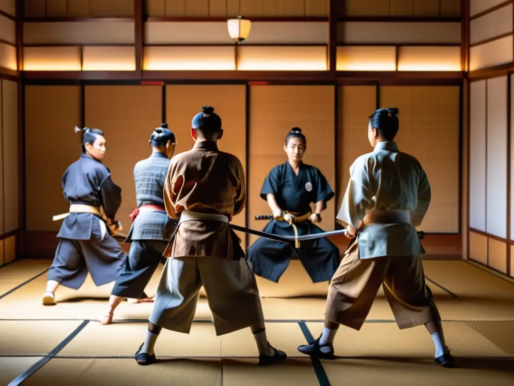 Entrenamiento intenso de samurái en tradicional dojo japonés, formación líderes samurái moderno