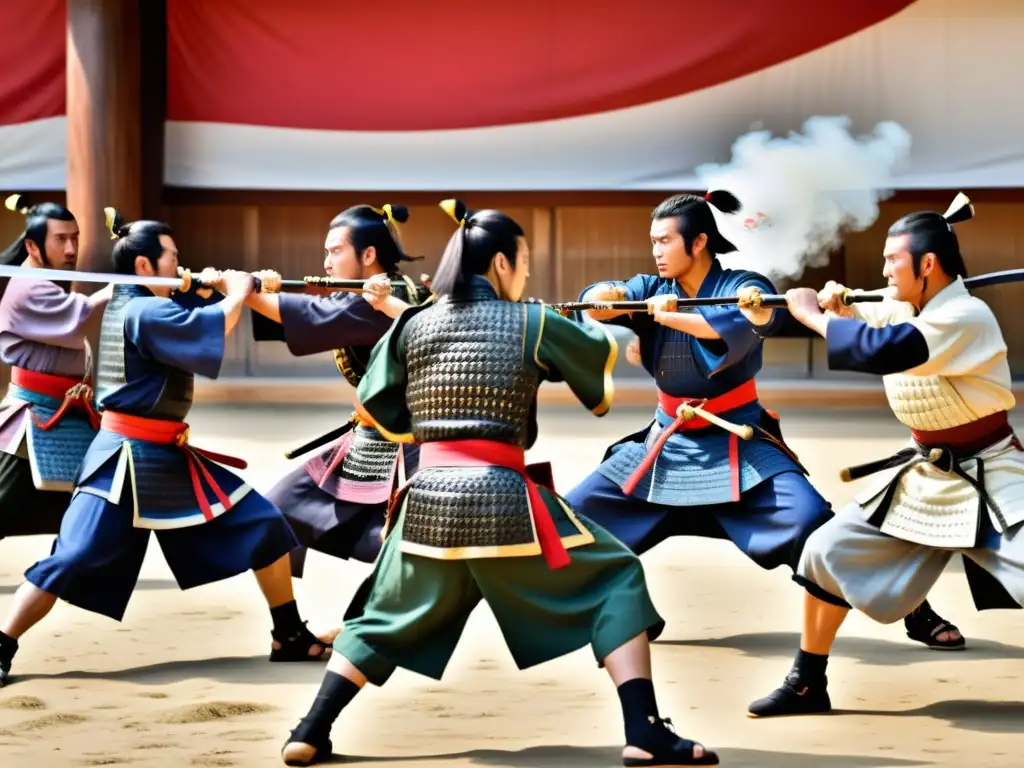 Entrenamiento intenso de samuráis en tácticas de guerra, con determinación y disciplina en un dojo japonés