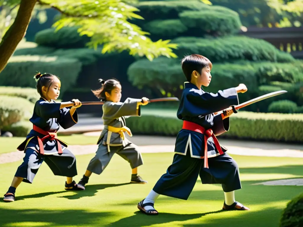 Entrenamiento niños samurái en un jardín japonés, mostrando disciplina y destreza con espadas de madera bajo la luz del sol entre el follaje