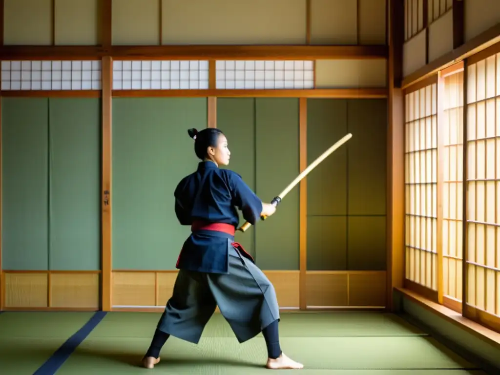 Entrenamiento de kendo con maestro demostrando movimientos ágiles, en un dojo japonés tradicional lleno de luz natural y disciplina