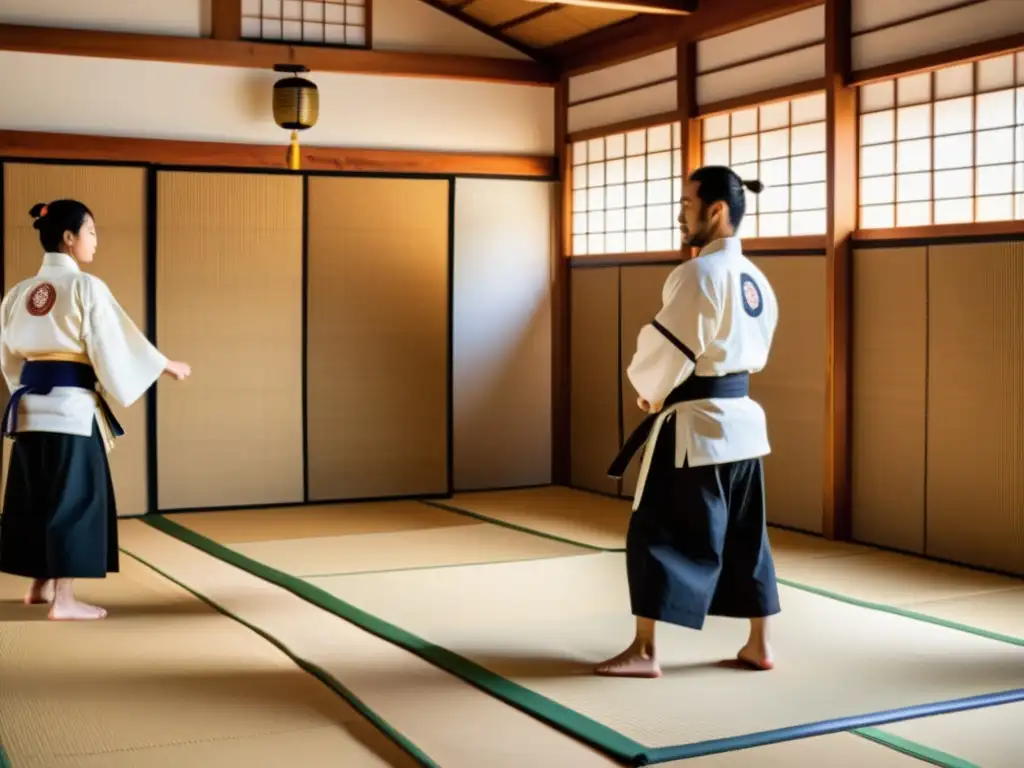 Entrenamiento de kenjutsu en dojo japonés con influencia portuguesa en artes marciales samuráis