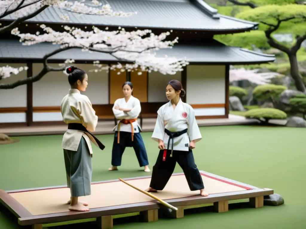 Entrenamiento de líderes samurái moderno en un jardín japonés con cerezos en flor y un dojo de madera tradicional, bajo la guía sabia del sensei