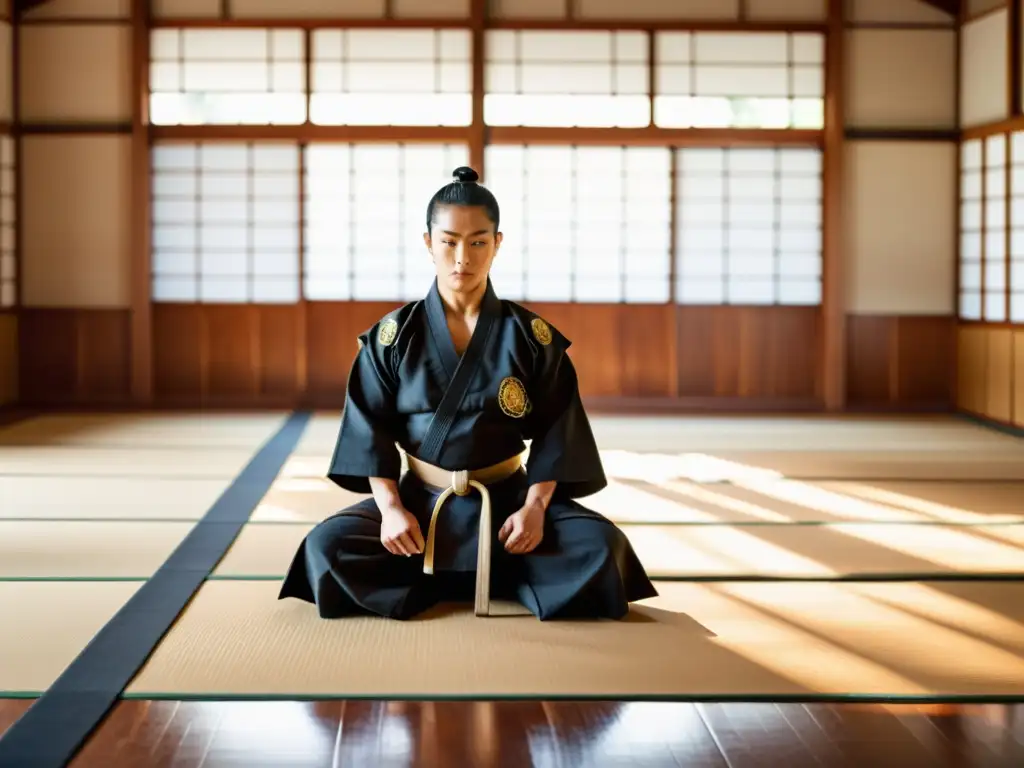 Entrenamiento marcial en un dojo con ética samurai, disciplina y sabiduría japonesa