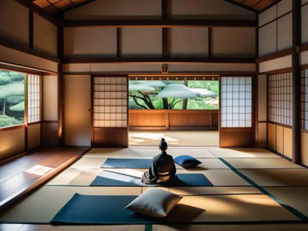 Entrenamiento mental samurái moderno en un dojo japonés tradicional con practicantes concentrados en ejercicios de mindfulness y visualización