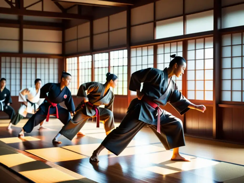 Entrenamiento moderno en Naginatajutsu: Dojo lleno de practicantes dedicados en un ambiente de tradición y disciplina