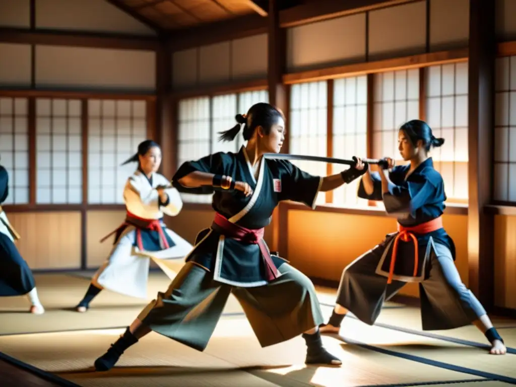 Entrenamiento de mujeres samurái en un dojo japonés, mostrando fuerza y disciplina en el arte marcial