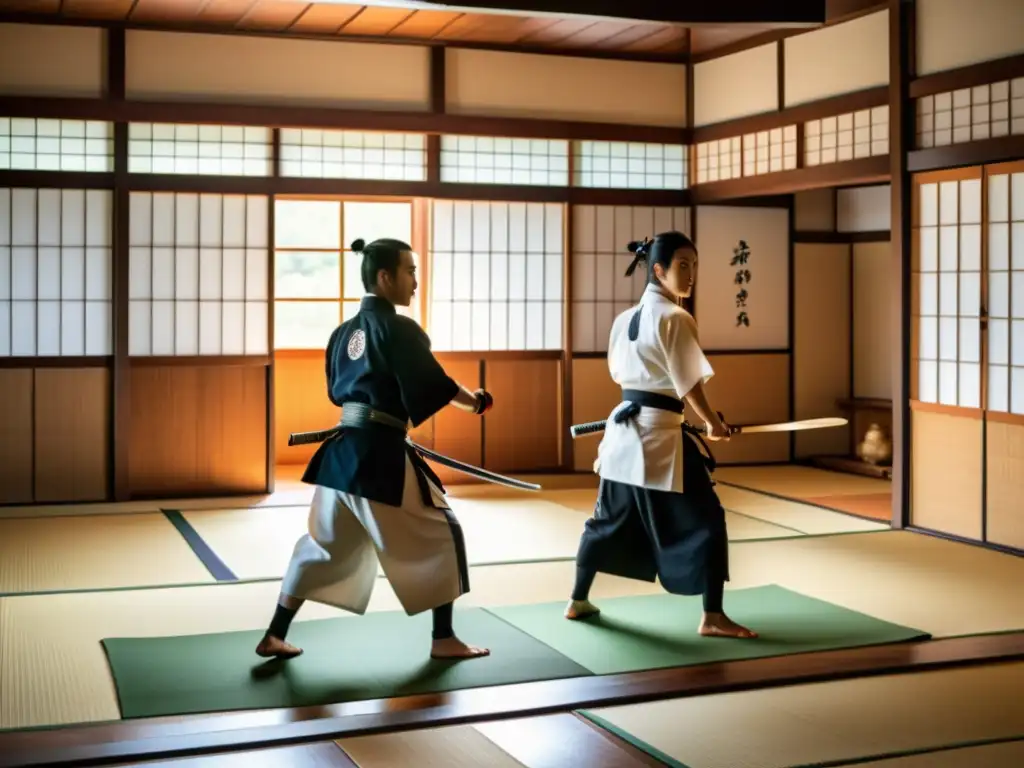 Entrenamiento de Naginata en dojo japonés con ambiente histórico y evolución del manejo de la lanza samurái