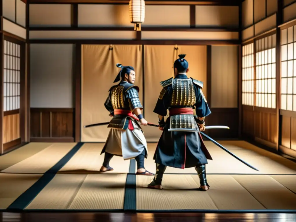 Entrenamiento de Naginatajutsu en un dojo japonés, con samuráis practicando la disciplina samurái moderna en un ambiente sereno y poderoso