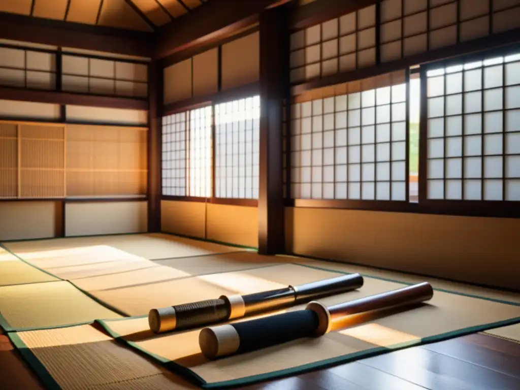 Entrenamiento de Naginatajutsu en un dojo japonés tradicional, con armas de madera alineadas y estudiantes practicando bajo la guía del sensei