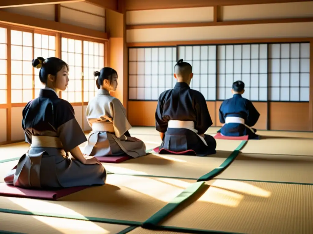 Entrenamiento de Naginatajutsu en un dojo japonés con ambiente histórico