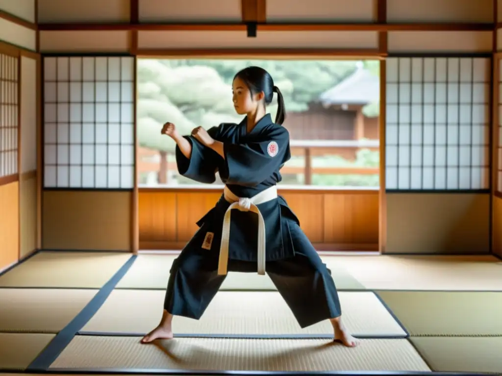 Entrenamiento de niñas en sociedad samurái: dojo tradicional japonés con sensei y arte samurái