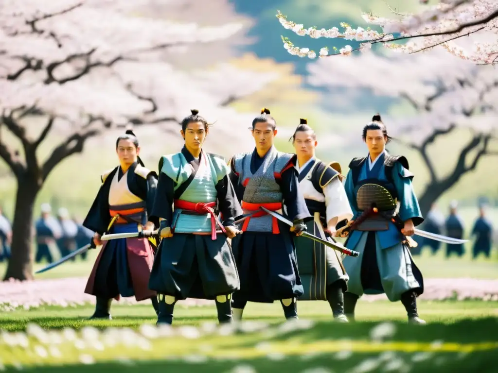 Entrenamiento samurái auténtico vivo: Grupo de guerreros en armadura tradicional practican técnicas de espada bajo la guía de un sensei, rodeados de cerezos en flor