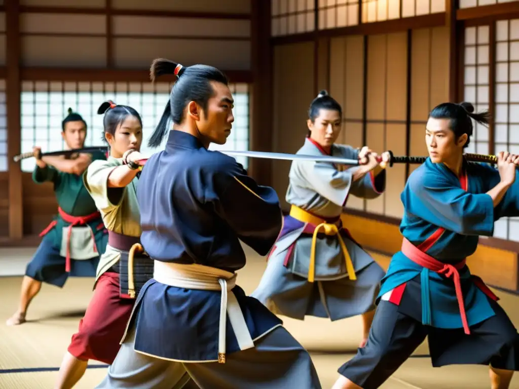 Entrenamiento samurai: cuerpo y mente fuertes en un dojo tradicional japonés, con guerreros concentrados y determinados