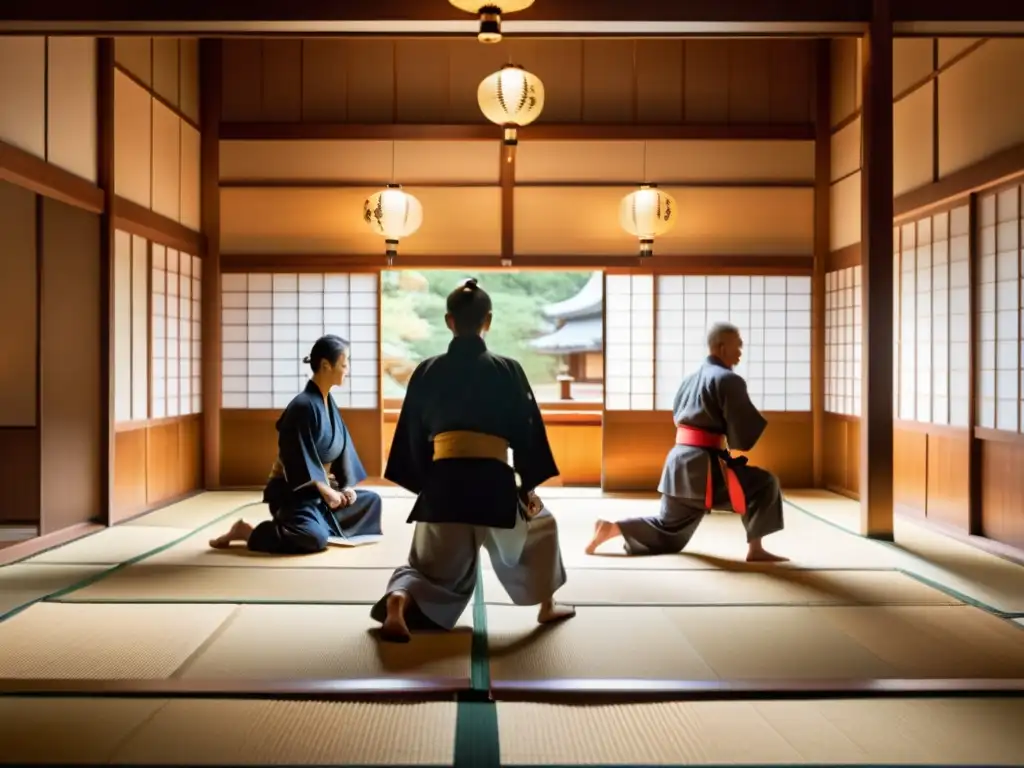 Entrenamiento samurái en un dojo tradicional, con disciplina y tradición japonesa