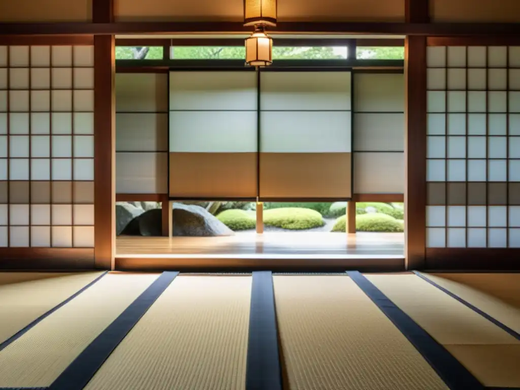 Entrenamiento samurái en un dojo tradicional, con movimientos precisos y poderosos, rodeado de un jardín sereno